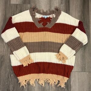 🤎She + Sky🤎 V-Neck Distressed Striped Sweater